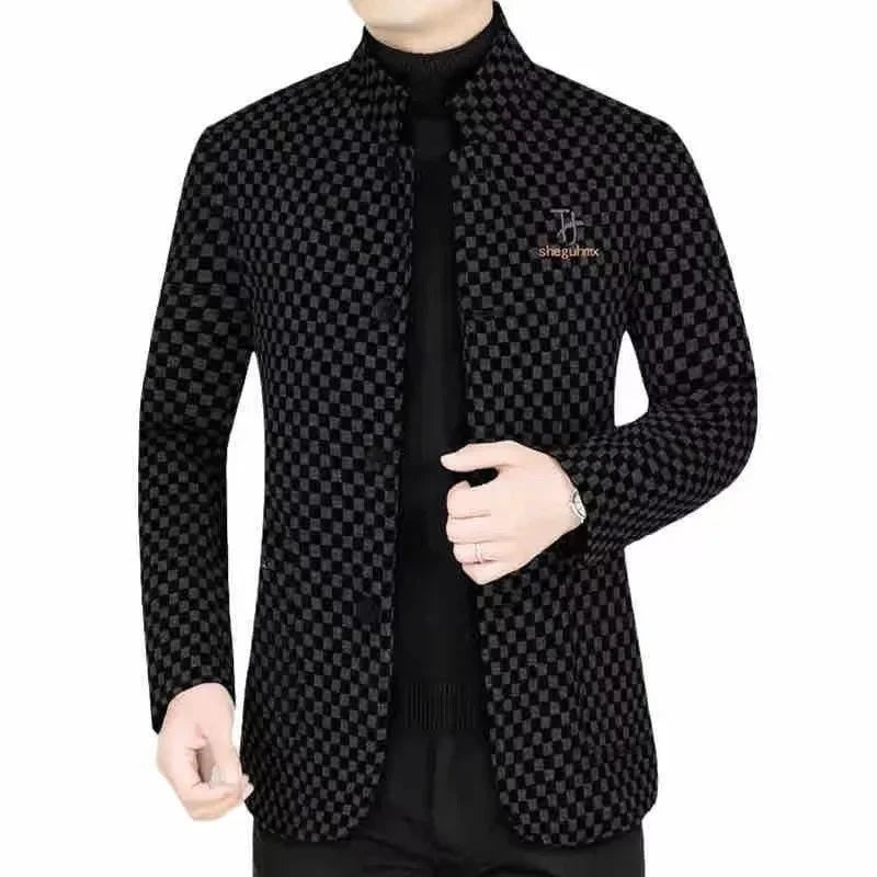 High Quality Men's Blazers Business Casual Stand Collar Woolen Jacket Classic Plaid Retro Versatile Tops Streetwear Coats