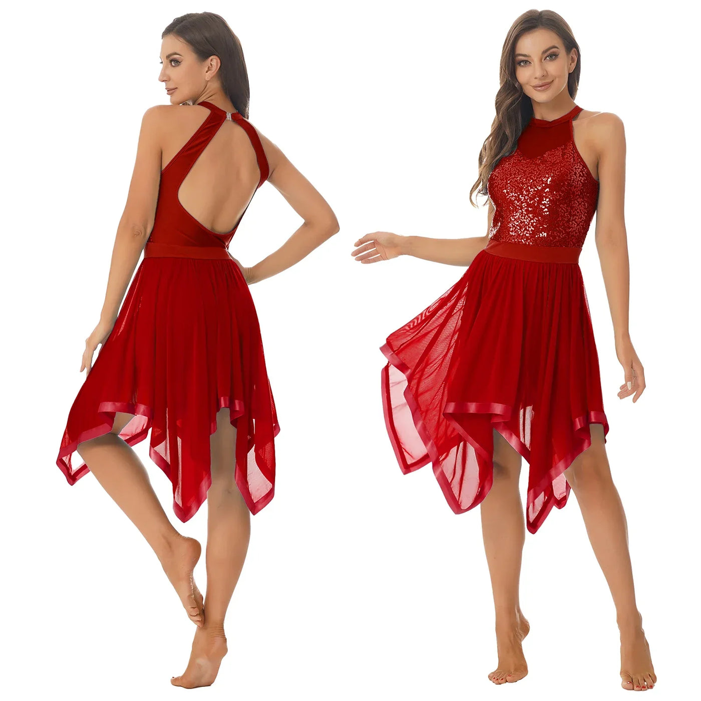 Elegant Ballet Leotards Dance Dress For Women Shiny Sequins Asymmetrical Hem Mesh Lyrical Dresses Prom Performance Costume