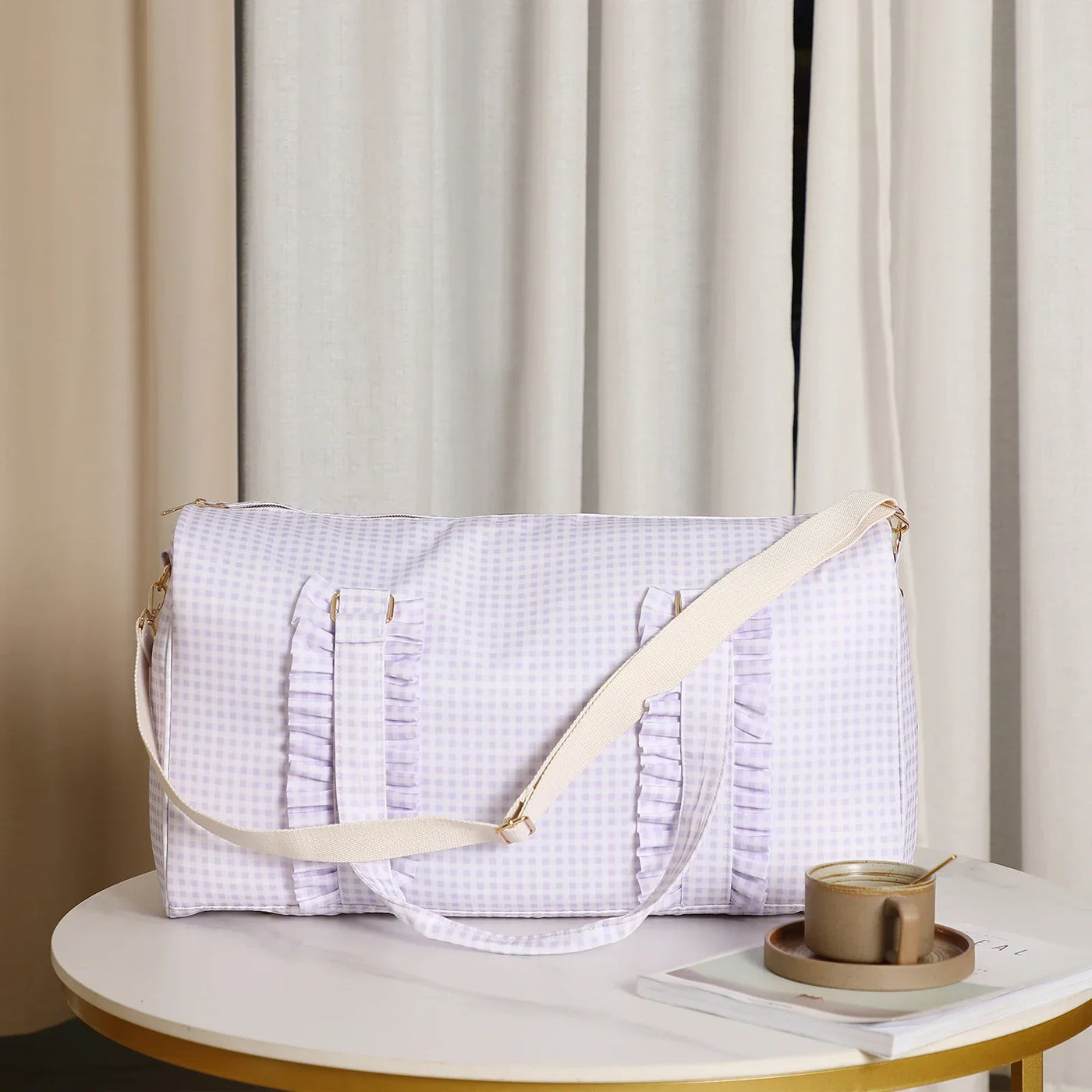 Nylon Duffel Bag Women Ruffle Duffle Gingham Weekend Sports Overnight Travel Vacation Gift Stripe Detachable Adjustable Strap