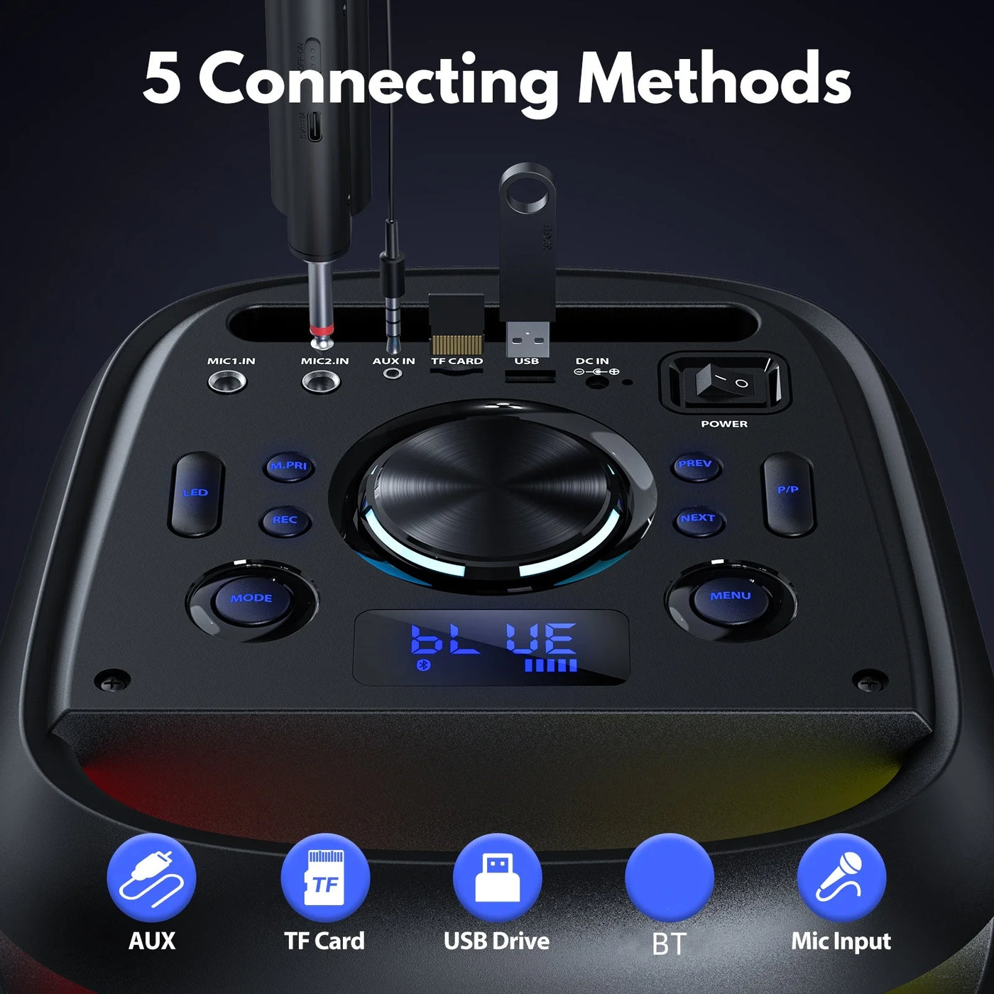 Large Party Speaker, Wireless Bluetooth Speaker with Microphone, Led Party Light, Karaoke Machine, 8inch Large Bluetooth Party