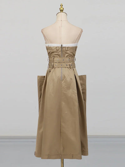 VGH Ameican Retro Irregular Cargo Dresses for Women Strapless Sleeveless High Waist Spliced Double Sashaes Midi Dress Female New