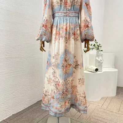 New High Quality Linen Elegant Long Lantern Sleeve Floral Print Waist Women Re-tro Midi Dress