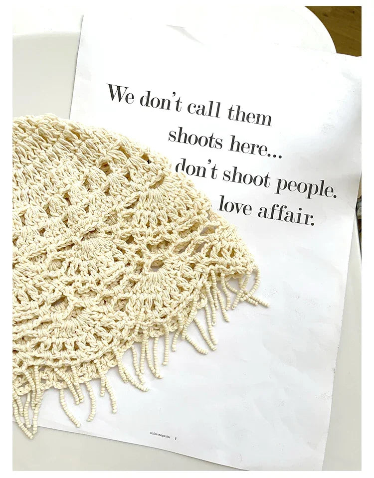 Personalized Beaded Fringed Knitted Beanies for Women Summer Autumn Thin Hollow Versatile Casual Retro Ethnic Style Pullover Hat