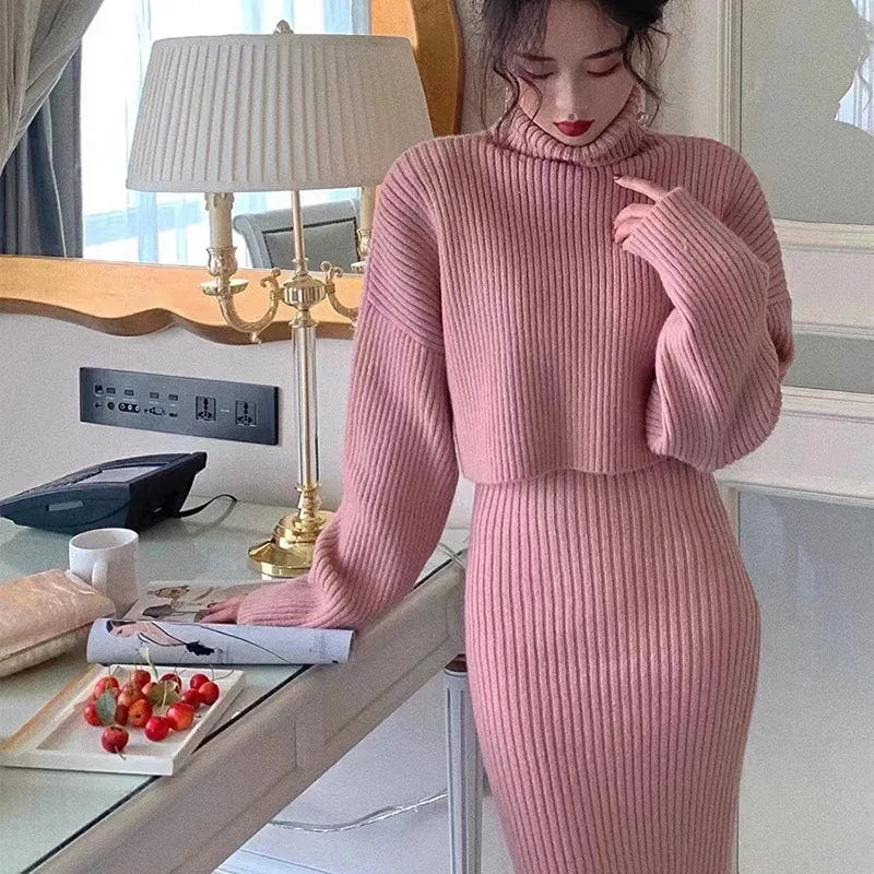 Knitted Dress Korean Version 2025 Autumn and Winter New Small Dress, Socialite Set, Winter Sweater Dress Two-piece Set for Women