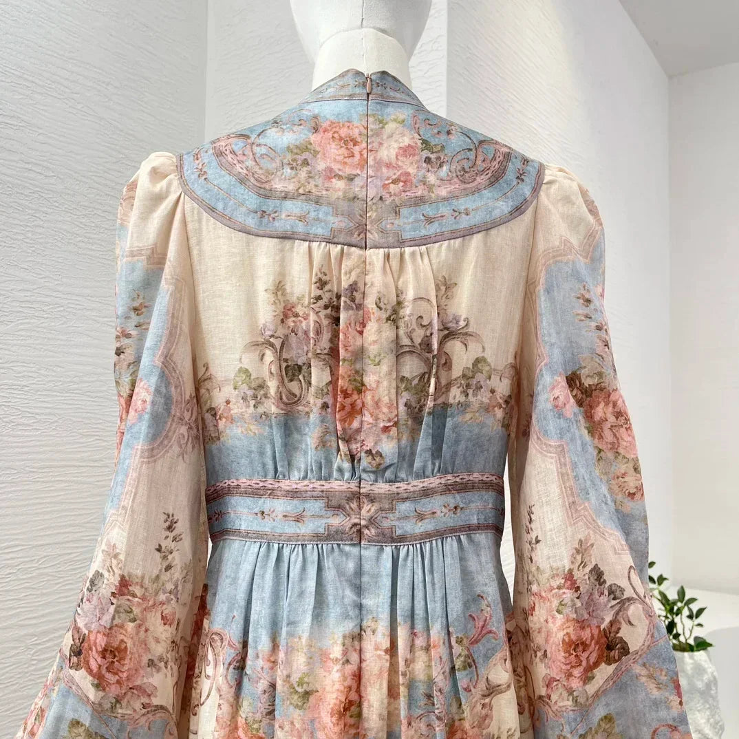 New High Quality Linen Elegant Long Lantern Sleeve Floral Print Waist Women Re-tro Midi Dress