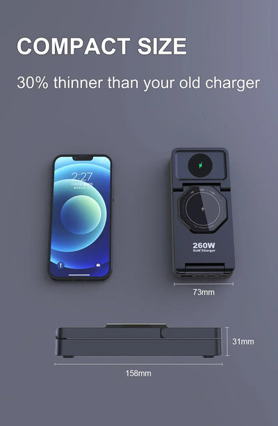 260W Magnetic Wireless Charging Station GaN USB TypeC Charger PPS PD Fast Charge For iPhone 16 15 IWatch AirPods Foldable Holder