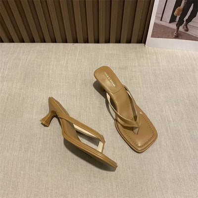 Flip Flops Women Summer Outside New Square Head Slim Heel Sandals Fashion Clip Toe Slippers Women Sandals Pantuflas De Mujer