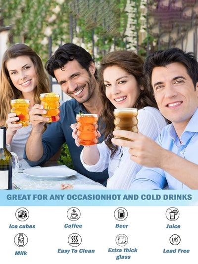 Leeseph 4Pcs Creative Glass Cups Coffee Mug Vintage Drinking Glasses Ribbed Glassware Aesthetic Cups with Straws Set