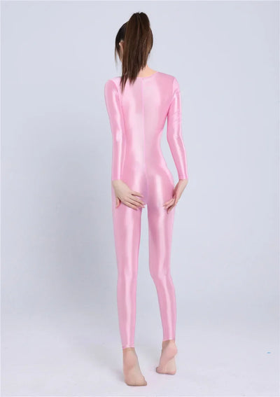 Women's Sexy Yoga Shaper Jumpsuit Dance SM Wear Oil Glossy High Elastic Long Sleeves Bodysuit Sheer Slip Satin Slimming Tights