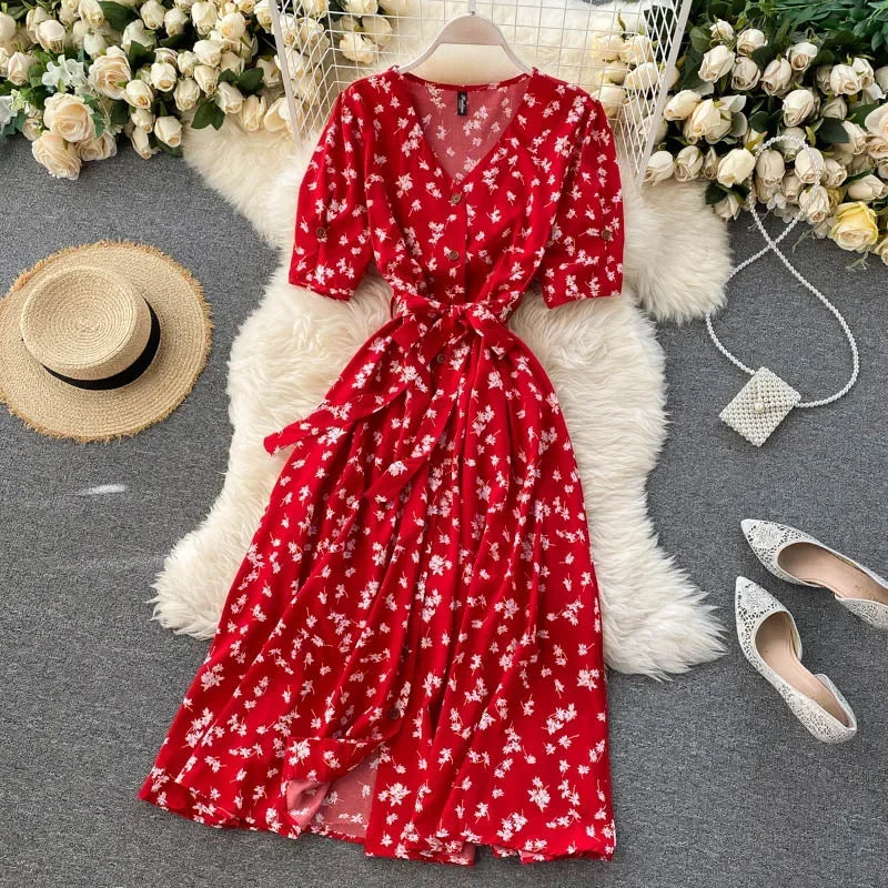 Korean Red elegant sexy Dress women Summer Autumn V-neck polka dot midi dress waist split dress vestidos de fiesta clothes