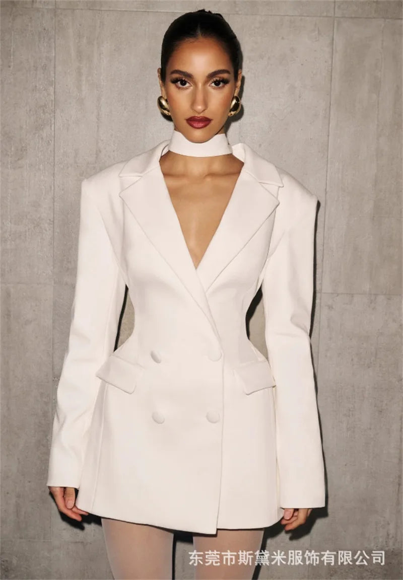 2025 New Black Women Double Breasted Blazer Elegant Belted Office Dress with Gold Buttons Slim Fit Trench Style Blazer