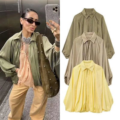 HipSeam Satin Bomber Jacket Women Casual Pleated Zipper Jackets