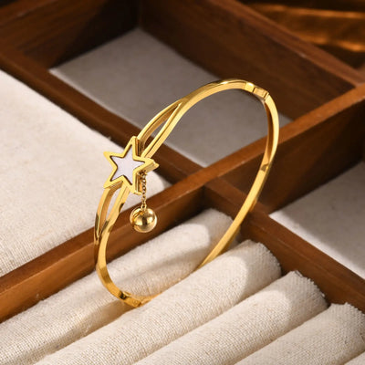 Statement Bangles Gold Plated, Star With Ball Charms Roman Numeral Rhinestone Bracelet, Elegant Party Jewelry for Women