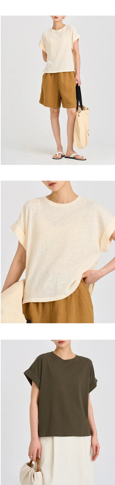 Women Linen Tops Crew Neck