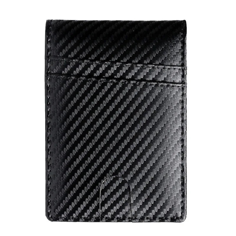 Sleek carbon fiber wallet with black gray stripes and AirTag pocket
