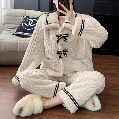 Women Fall Winter 2/pce Set Pajamas Flannel Loungewear Women Coral Thickened Fleece Sweet Princess Style Thermal Clothes Pajama