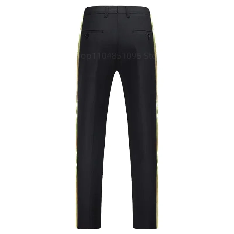 XS-6XL Men's Black Suit Pants Gold Leather Trim Casual Male Formal Business Office Pants Elastic Straight Formal Trousers
