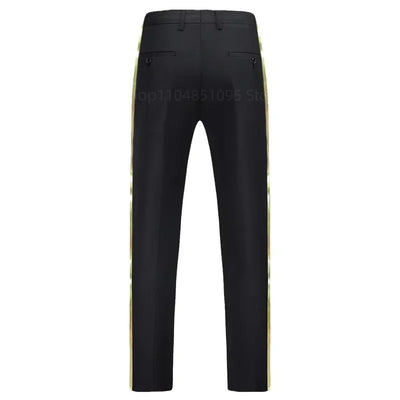 XS-6XL Men's Black Suit Pants Gold Leather Trim Casual Male Formal Business Office Pants Elastic Straight Formal Trousers