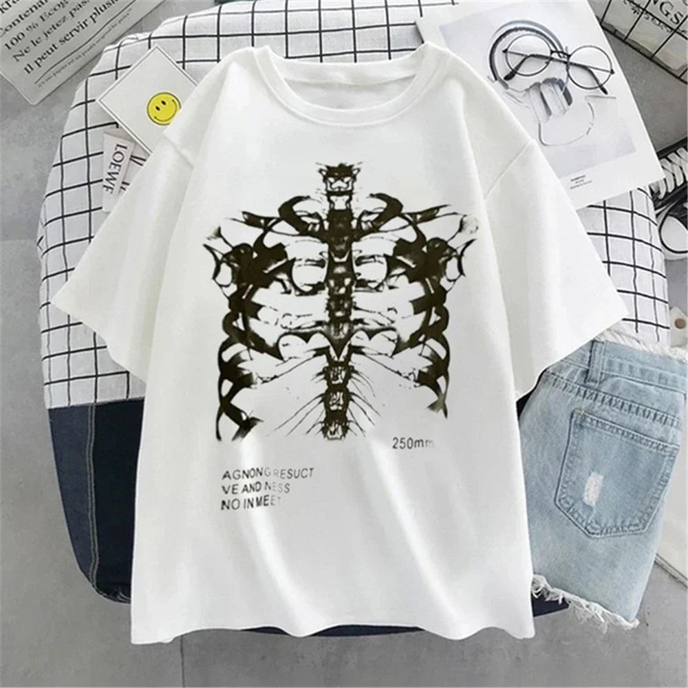Dark Skull Bones Heart and Lung Print T-Shirt For Women