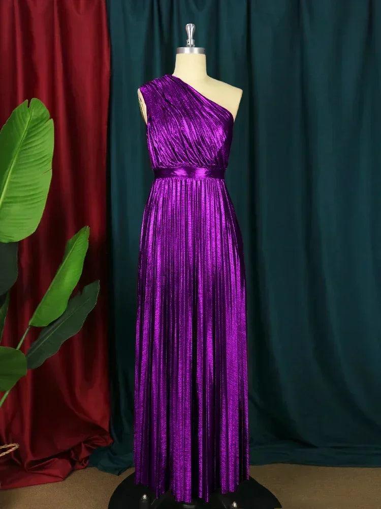 Elegant women even dresses luxury maxi long metallic pleated dress one shoulder sleeveless premium shiny shimmer gowns