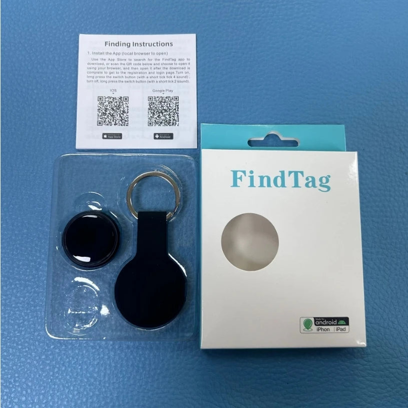 Black Smart AirTag keychain with circular tag in FindTag box