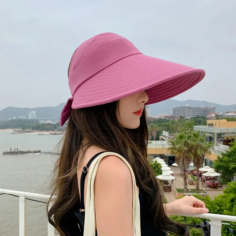 COKK Summer Hat Women Empty Top Foldable Sunhat Sunscreen Hats For Women Solid Color With Bow Ladies Hats Beach Cap Sun Hat