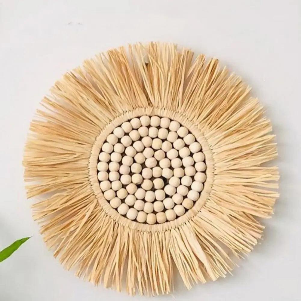 Home decor hanging mirror raffia wood beads acrylic multifunct decorative decorations bedroom wall room
