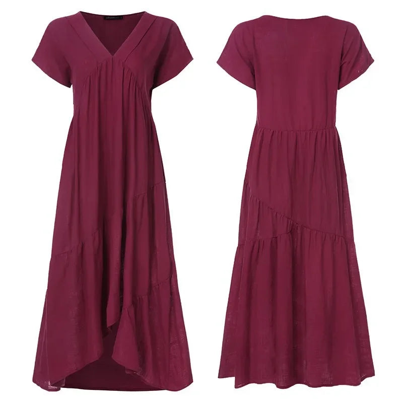 Cotton Linen Sexy V-neck Short Dress Summer New Women's Solid Color Multi-color Casual Loose Short Sleeved Mid Length Dress