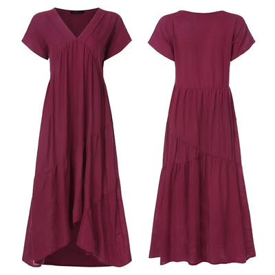 Cotton Linen Sexy V-neck Short Dress Summer New Women's Solid Color Multi-color Casual Loose Short Sleeved Mid Length Dress