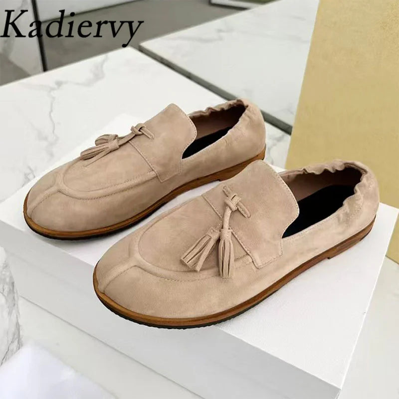 Suede Leather Loafers Woman Fringe Decor Casual Shoes Round Toe Slip-on Daily Lightweight Office & Career Flat Shoes Women