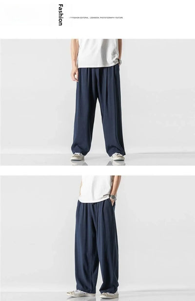 Summer Large Size Linen Cotton Wide Leg Pants Men Casual Comfortable Loose Fit Straight Leg Trousers Long Pants