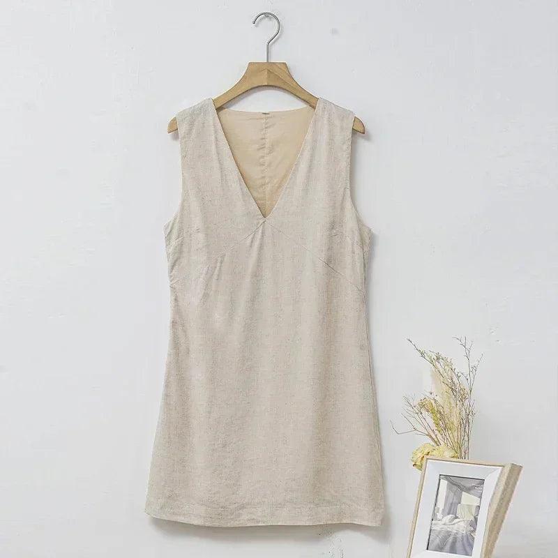 Women’s casual linen sleeveless dress v-neck chic elegant cotton-linen blend summer fashion sexy new arrival vestidos