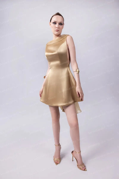 Golden Satin Asymmetric Neckline A-Line Knee-Length Formal Dress for Women's Elegant Party Evening Gown Fashion Ever Pretty