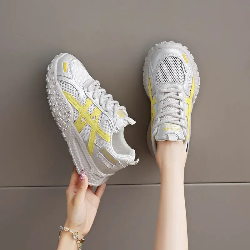 Women's Breathable Mesh Summer Running Shoes Comfortable Thick Bottom Dad Casual Shoes Versatile Pigskin Lined Rubber Soft Sole