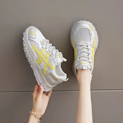 Women's Breathable Mesh Summer Running Shoes Comfortable Thick Bottom Dad Casual Shoes Versatile Pigskin Lined Rubber Soft Sole