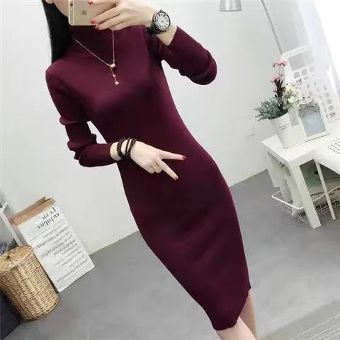Fall Winter Turtleneck Slim Knit Dresses Women Casual Elegant Sweater Dress Korean Mid-length Soft Knitwear Vestidos Bottom Robe