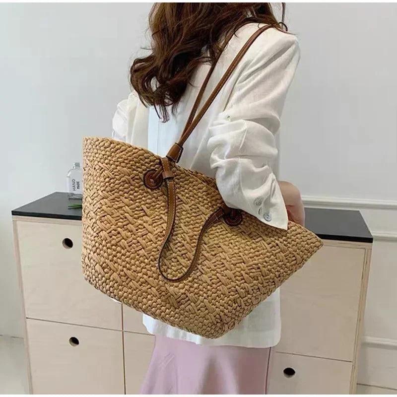 Designer bohemian chic shoulder bag,solid color large capacity straw woven tote bag,nature-inspired beach vacation