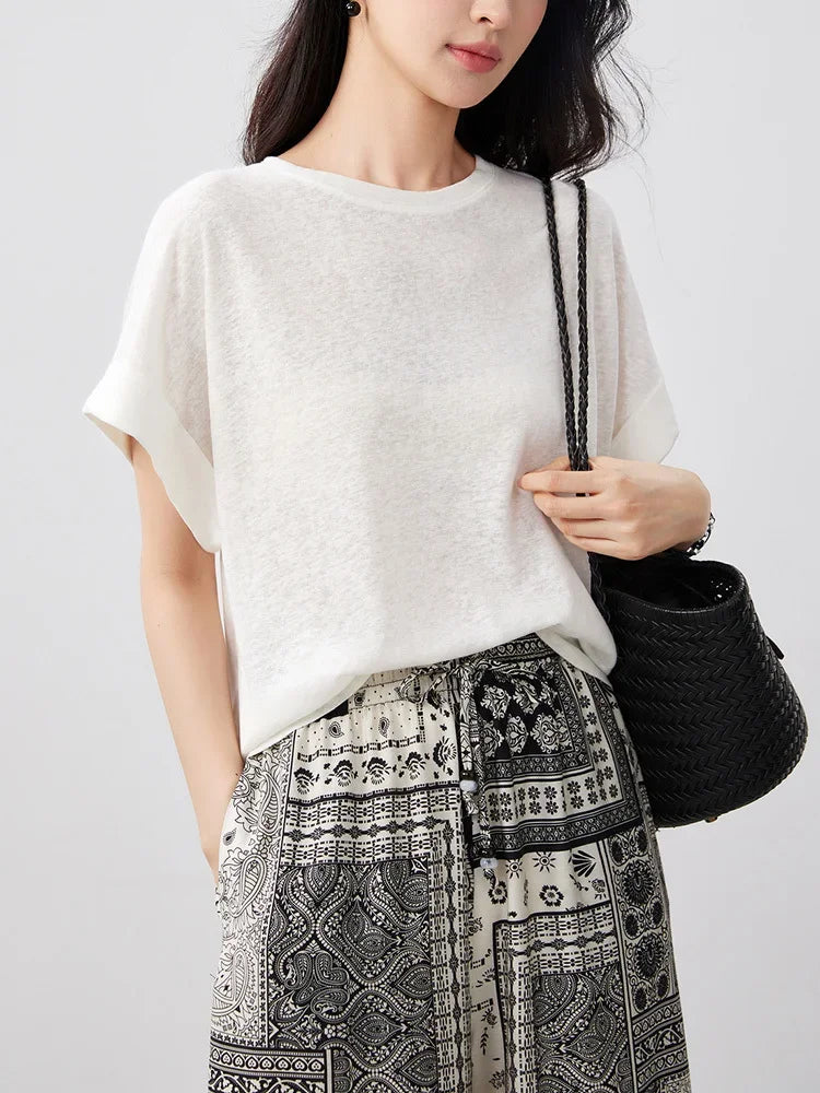 Women's Linen Round Neck Transparent Tops