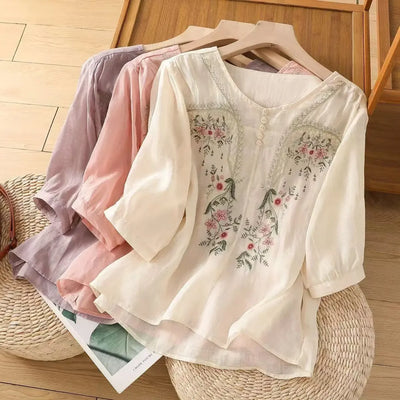 Linen V-neck EmbroideryTop For Women