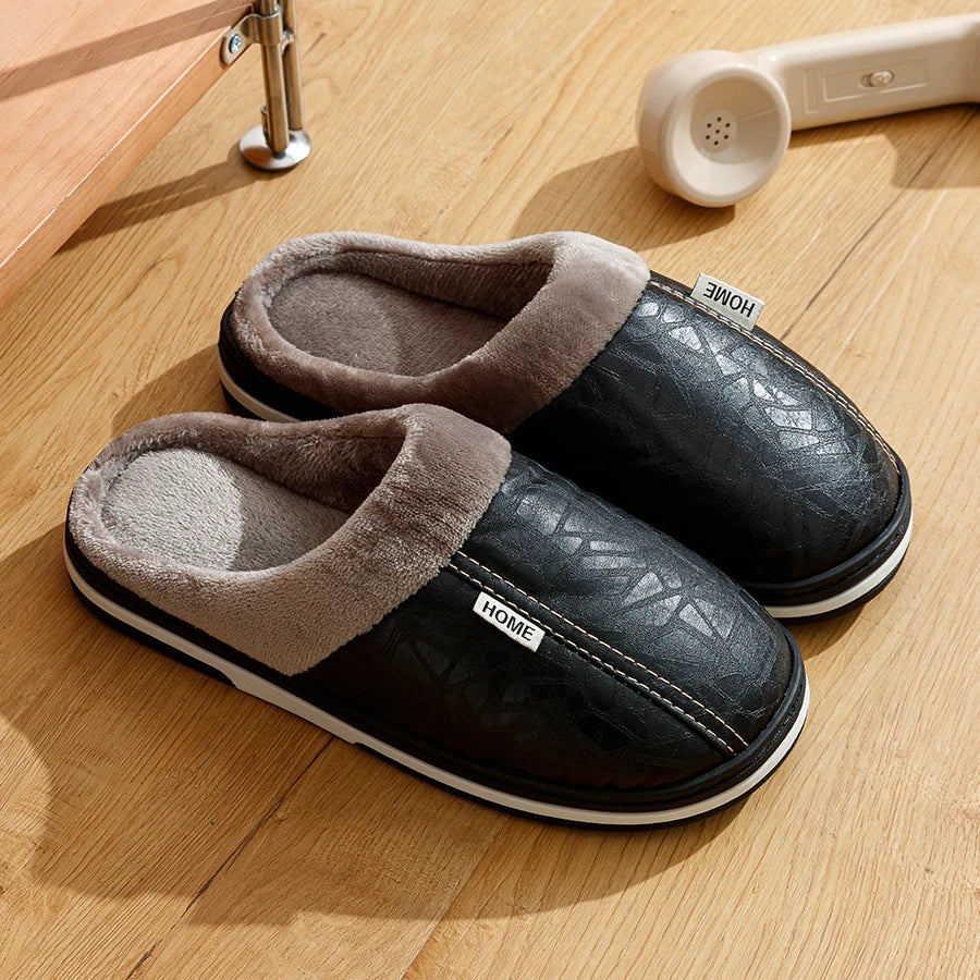 Indoor Warm Men's Leisure Slippers Big Size Soft Winter Fashion Anti-slip PU Surface Waterproof Plush Home Comfy Simple Shoes
