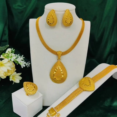 Fine Dubai 24k Gold Color Jewelry Set For Women Luxury Unique Pendant Necklace Earrings Weddings Gifts Party Accessory