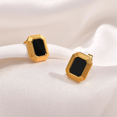 Rectangular Stud Earrings for Women, 18K Gold Plated Statement Earring, Stainless Steel Black Nature Stone Ear Jewelry