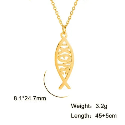 Jeshayuan Christian Jesus Fish Pendant Necklaces For Women Double Layer Stainless Greek ΙΧΘΥΣ Christian Religious Gift