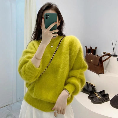2023 New Year Sweaters For Women High Quality Autumn Winter Mohair Knitted Thick Warm Red Loose Mink Cashmere Pullovers