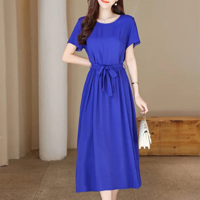 New Fashion Summer Dresses For Women 2025 Elegant Casual Short Sleeve Midi Dress Soild Colour Women Clothing
