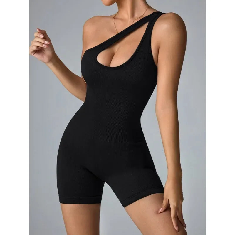 Women One Shoulder Sexy Jumpsuits Seamless Slim Short Bodysuit High Elastic Fitness Sport Yoga Clothes Black Knit Jumpsuit Woman