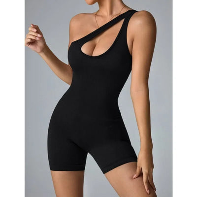 Women One Shoulder Sexy Jumpsuits Seamless Slim Short Bodysuit High Elastic Fitness Sport Yoga Clothes Black Knit Jumpsuit Woman