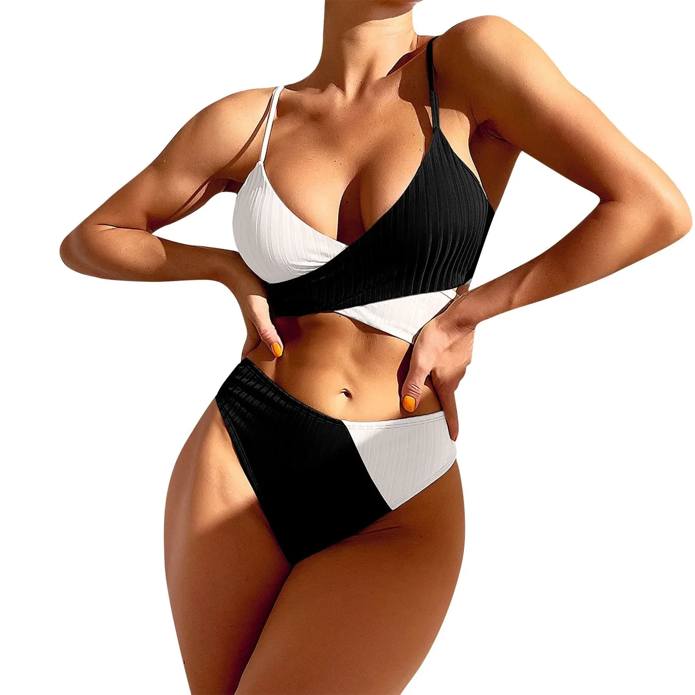 Summer Ladies Sexy High Waist Print Two Piece Bikini Sets Biquini Women Swimsuit Clothing Set Color Block Mujer Swimwear Suits