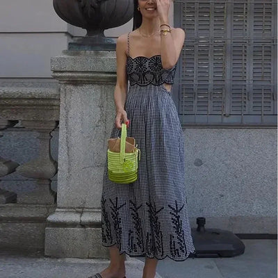 Embroidery Slip Dress Women Sleeveless Plaid Long Dresses Woman Cut Out Backless Midi Dress Elegant Vacation Party Dresses