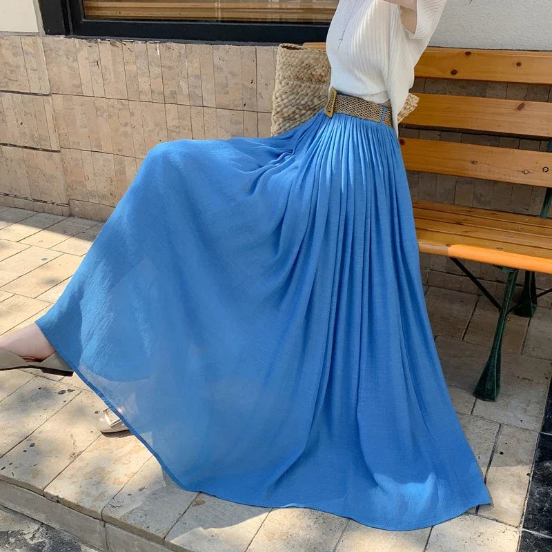 2025 New High Waisted Cotton Linen Pleated Midi Skirt – Summer Flowy A-Line Maxi Skirt for Women, Breathable & Elegant